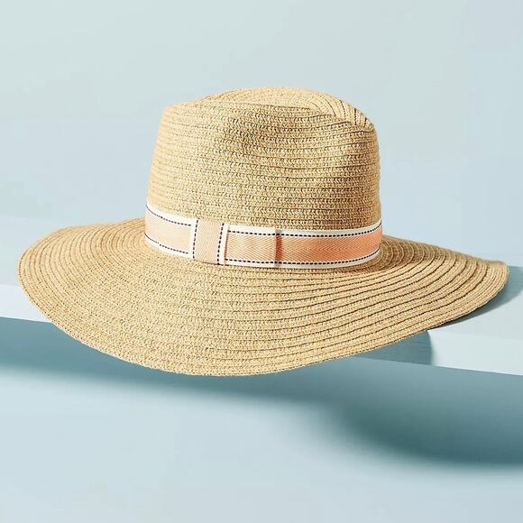 Anthropologie Accessories - Anthropologie Brighton Beach Rancher Straw Hat Paper Tan Orange Ribbon Bow